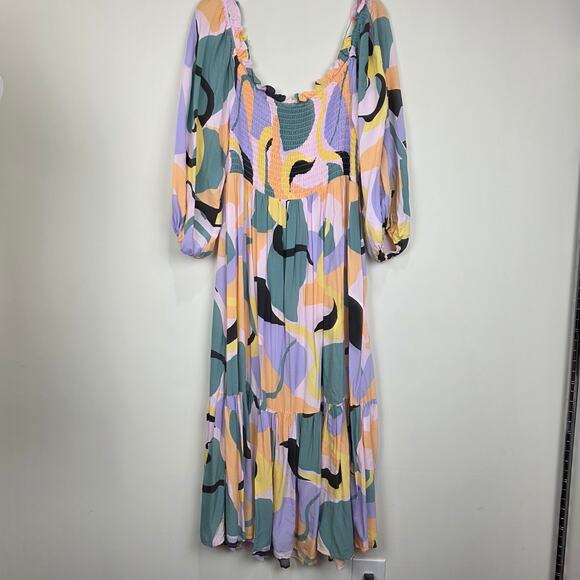 Eloquii Printed Puff Sleeve Off Shoulder Smocked Bodice Maxi Dress Size 24 - Picture 3 of 9